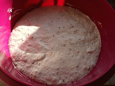 Aufgegangener Teig in einer Rührschüssel